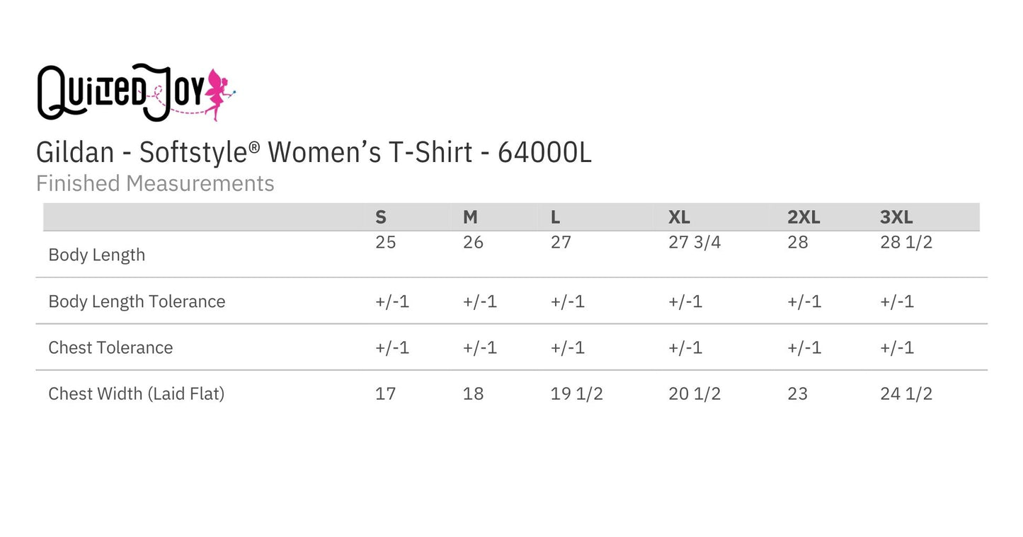 A size chart for Fons & Porter T-Shirt Small Logo lists measurements for sizes S to 3XL, covering body length, body length tolerance, chest tolerance, and chest width in inches.
