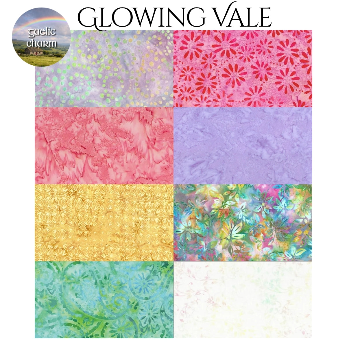 Glowing Vale fabric swatches for Mystery Five-0 Gaelic Charm mystery quilt