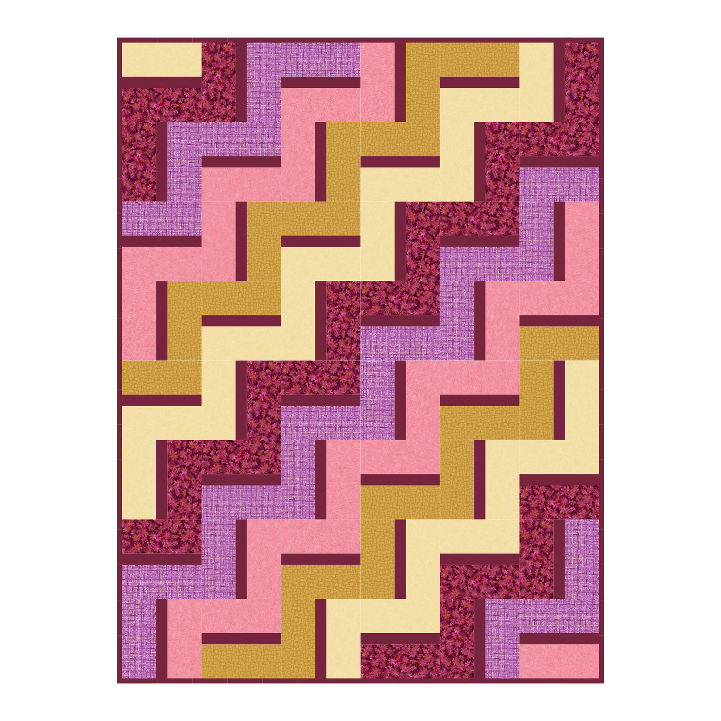 The Goldenberry Quilt Kit by Quilted Joy features a zigzag pattern with pink, purple, yellow, and burgundy blocks on a white background with a burgundy border—ideal for cozy quilting projects.