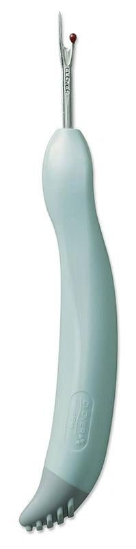 The Grip Fit Seam Ripper, with its light blue ergonomic handle, curved tip, and red ball on the forked end, is ideal for precise stitch removal in all your sewing projects.