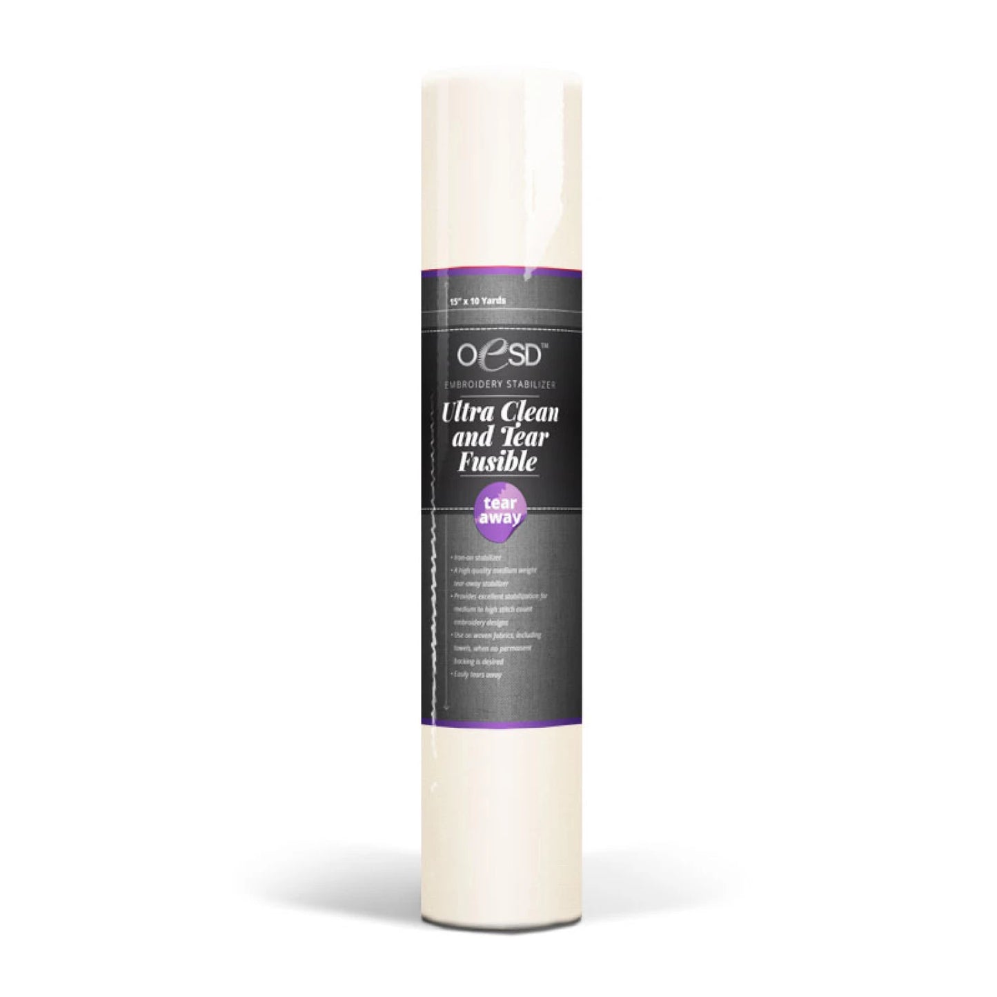 A roll of OESD Ultra Clean and Tear Fusible 15in x 10 yds by Checker Distributor stands upright with a black and purple label against a white background.