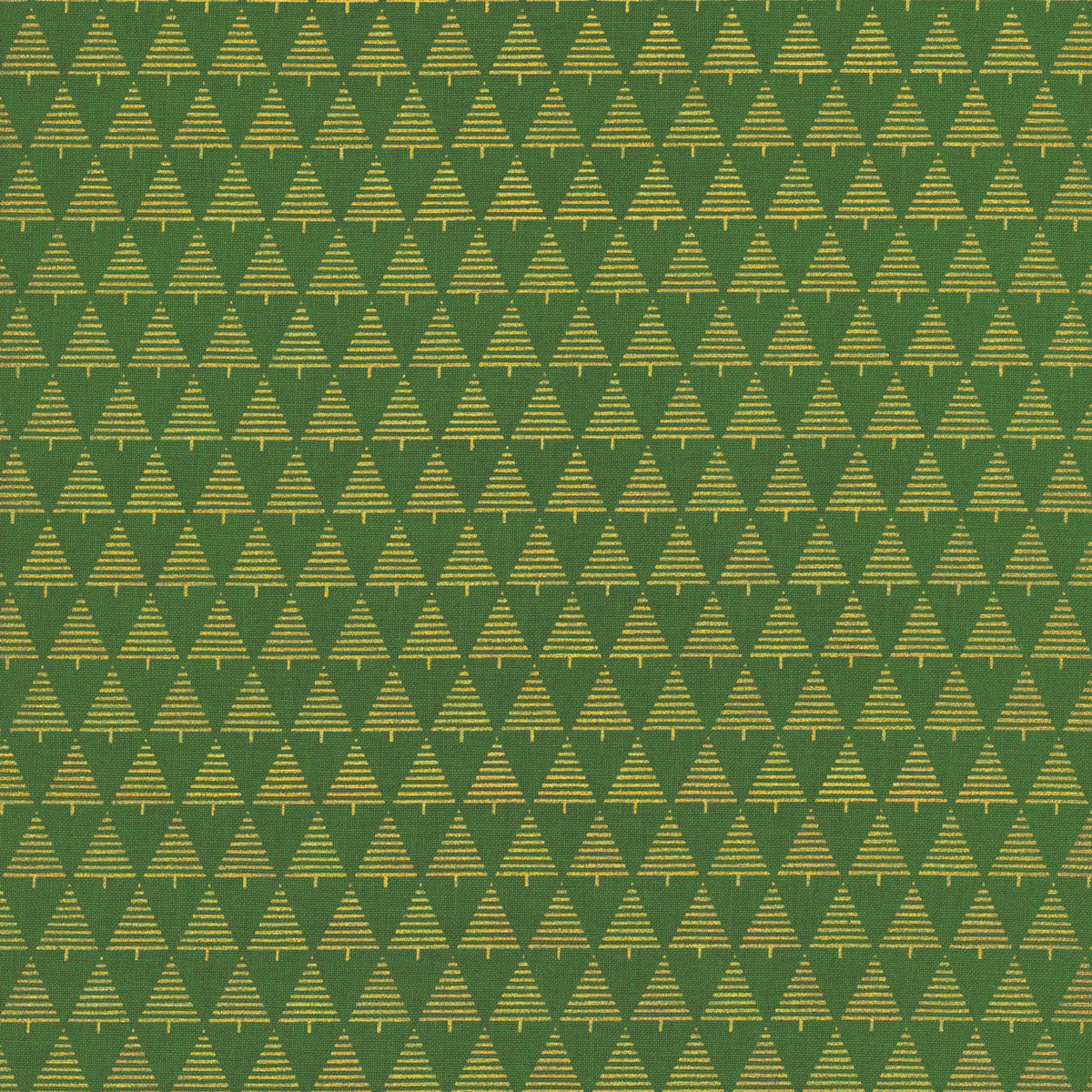 Timeless Treasures' Holiday Blenders Green Trees Metallic Fabric Yardage features a striking, symmetrical pattern of yellow and green triangles on a pine green background.