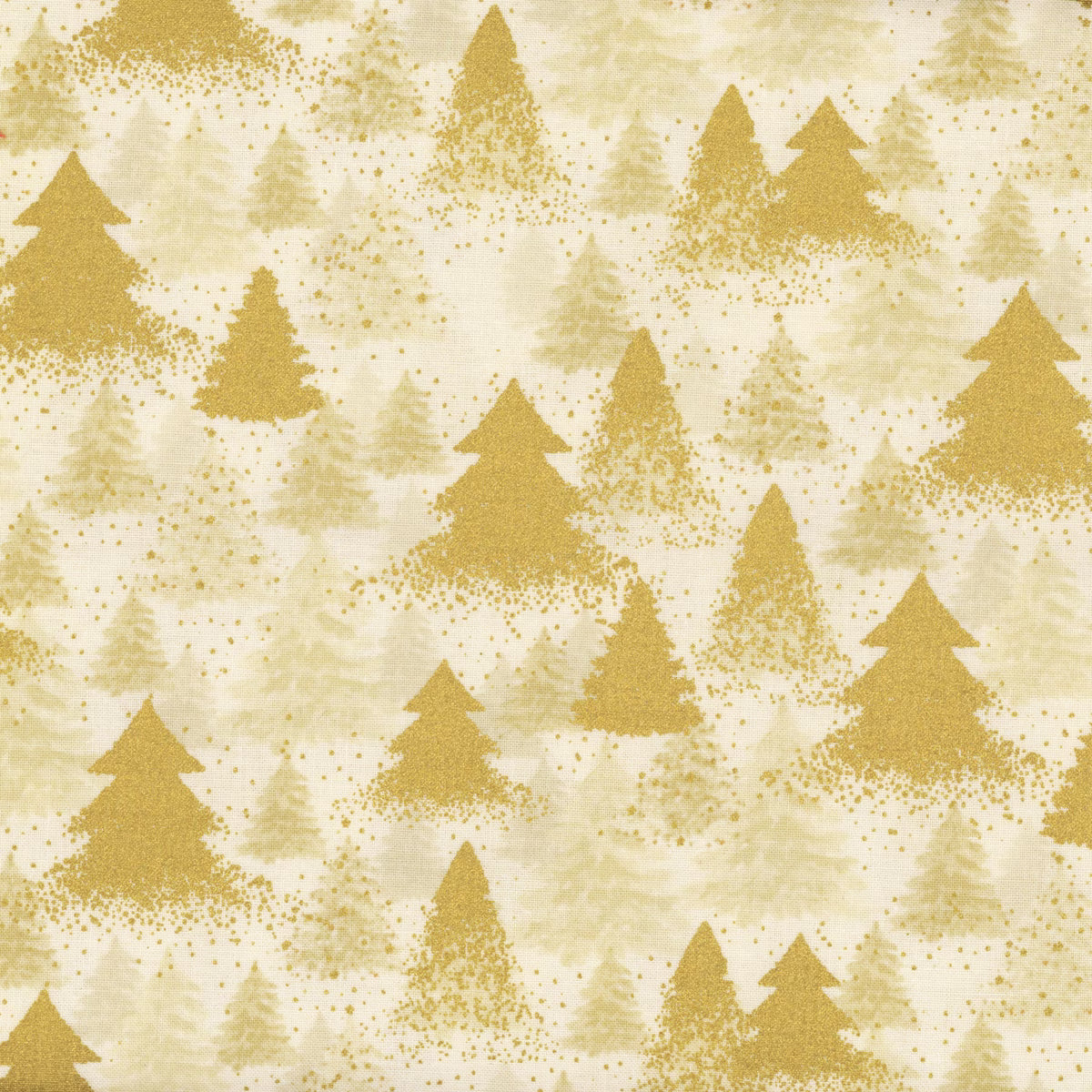 Merry Christmas Cream Golden Christmas Tree Metallic Fabric Yardage by Timeless Treasures features gold Christmas trees and dots on a cream background—ideal for festive quilts or elegant holiday projects.