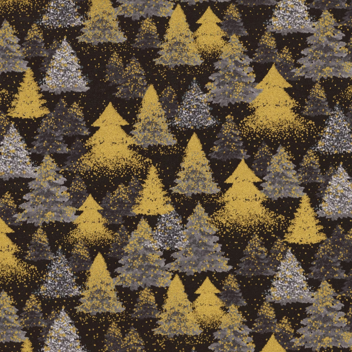 Merry Christmas Black Christmas Tree Metallic Fabric Yardage by Timeless Treasures features yellow and gray pine trees with metallic dots on a dark background—ideal for festive decor or Christmas fabric projects.