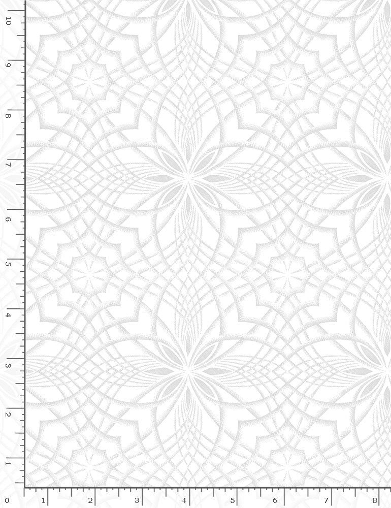 The Timeless Treasures Whiteout White Kaleidoscope Fabric Yardage features an intricate, repeating geometric pattern in light gray on white. Inch-marked rulers along two edges show scale—perfect for low-volume quilting projects.