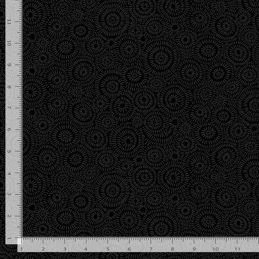 Blackout Black Geo Line Circle Shape Fabric Yardage by Timeless Treasures features a subtle black geometric pattern of radiating circles. A silver ruler shown in inches on the sides displays the scale of this modern quilting cotton.