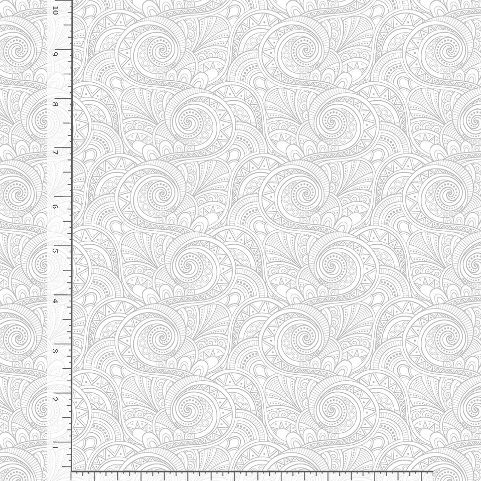 Timeless Treasures Whiteout White Geo Swirls Fabric Yardage features intricate light grey paisley and geometric patterns on white quilting cotton, shown with a ruler for scale—perfect as a tonal blender.
