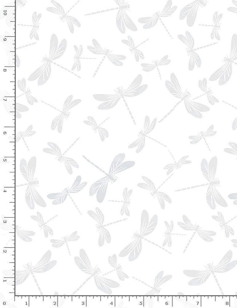 The Whiteout White Dragonflies Fabric Yardage by Timeless Treasures features light gray dragonflies on white. A ruler along the edges displays inches for scale, making this elegant fabric ideal for stylish sewing projects.