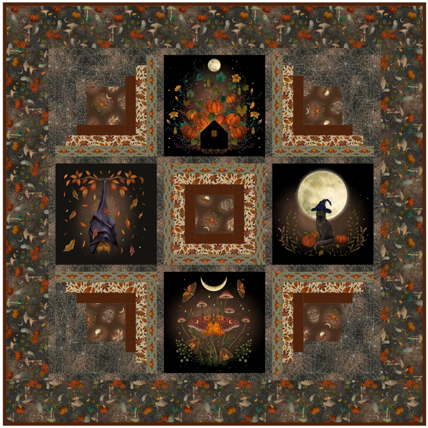 The Watchful Eyes Quilt Kit by Quilted Joy features a cozy autumn design with pumpkins, witches hats, black cats, mushrooms, and full moons, all bordered by fall leaves and pumpkin patterns in warm orange, brown, and black.