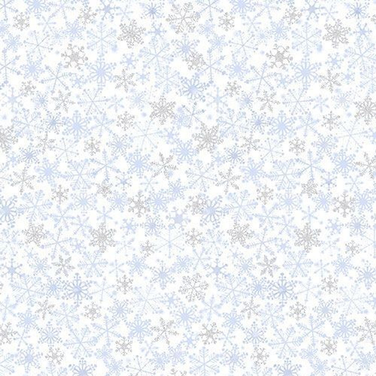 A seamless pattern of delicate light blue and grey snowflakes on white creates a festive, wintry look—perfect for the Ice Blizzard Glitter Snowflakes Metallic Fabric Yardage by Timeless Treasures.