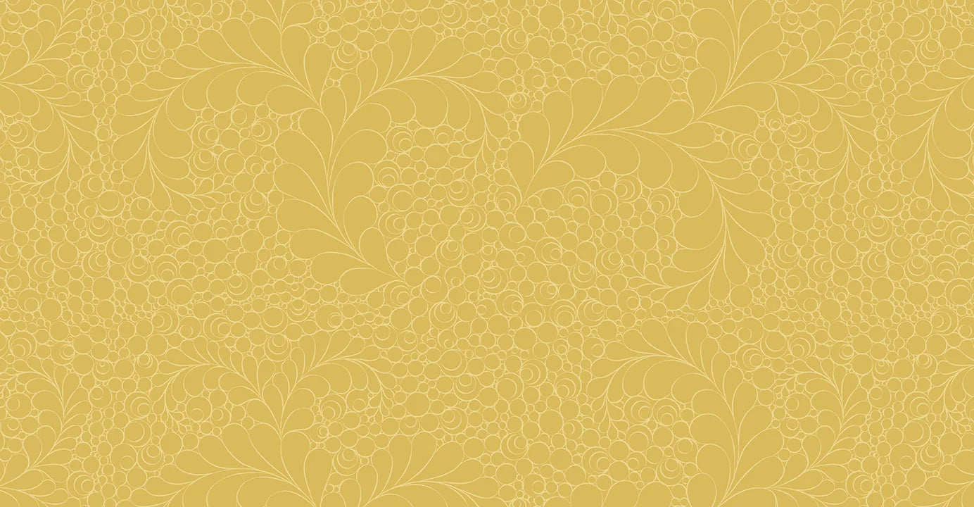 Featuring a seamless yellow background with swirling lines and circular shapes, Happy Feather Yellow Fabric Yardage adds elegant, decorative flair to any fabric project.