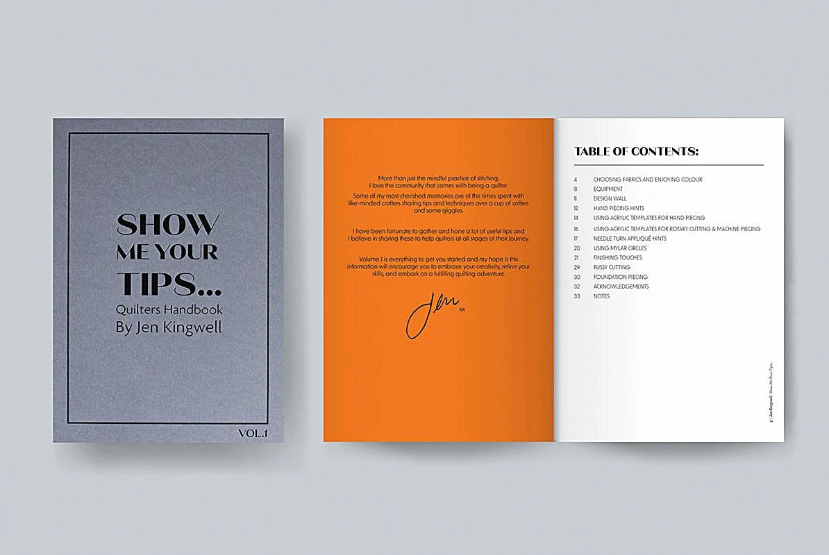 The book "Show Me Your Tips" is displayed with its cover, open dedication page, and a table of contents listing quilting tips and hand piecing techniques from Jen Kingwell Designs.