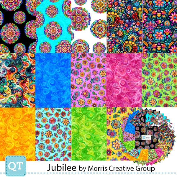 A vibrant array of swirling and geometric floral fabrics from QT Fabrics’ Jubilee 10" Squares is displayed in a grid of colorful patterns, with the quilting precuts arranged in a circular fan at the bottom right.