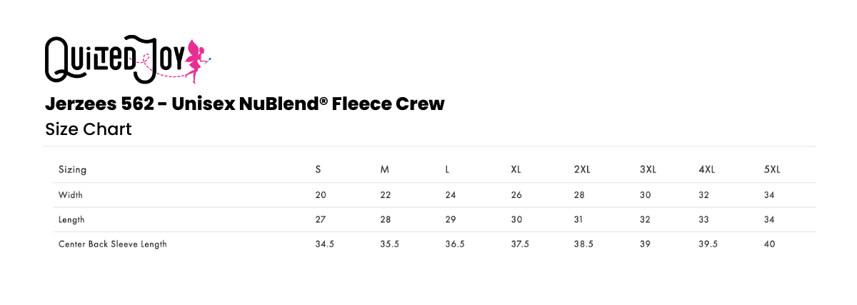 Size chart for the Sew What? Purple Crewneck Sweatshirt by Quilted Joy—ideal as a comfy crewneck or quilter gift. Shows width, length, and sleeve measurements for sizes S–5XL in a clear table format.