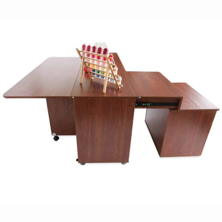 The Kangaroo & Joey Cabinet Set (available in 3 colors) features a wooden sewing table with a fold-out extension, storage compartments, and a thread rack on top—perfect for organized crafting and sewing projects.