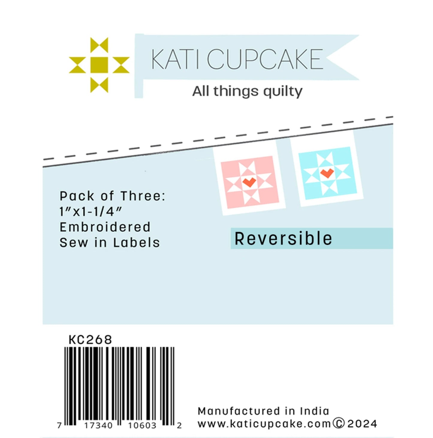 Checker Distributor’s Heart Star Block Sewing Labels feature two small quilt designs, including a Heart Star Block-inspired motif. Each 1"x1-1/4" reversible label includes manufacturing info and comes in a pack of three.