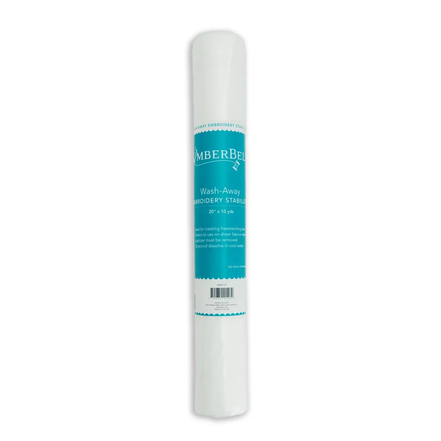 A roll of Kimberbell Wash-Away Embroidery Stabilizer 20"x10yd, with a blue and white label, stands upright against a plain white background—perfect for sheer fabrics and freestanding lace projects.