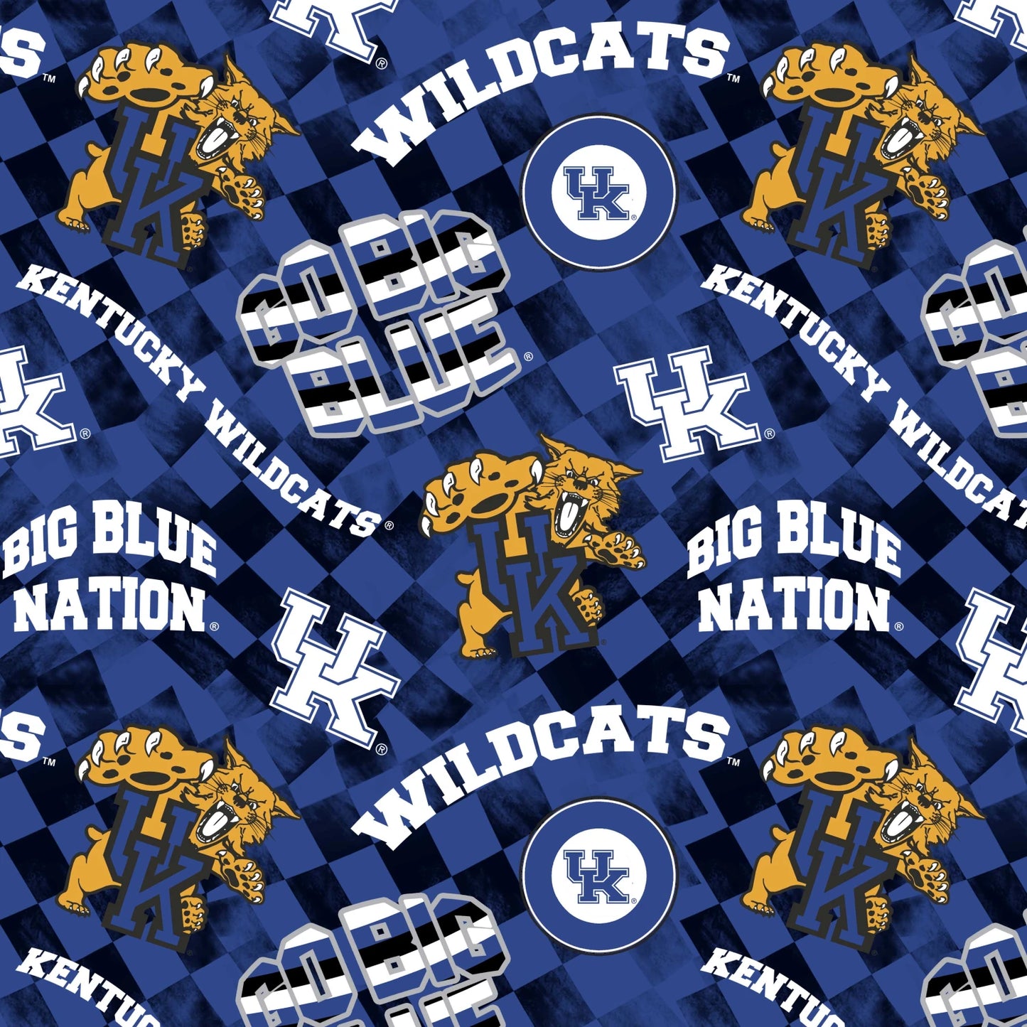 The Benartex University of Kentucky Check Allover Fabric Yardage features Wildcats logos, wildcat mascot, BIG BLUE NATION text, and UK monograms on a blue checkered background—perfect for sewing or quilting fan projects.