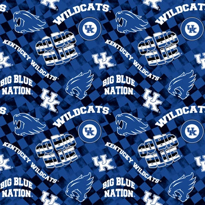 The Benartex University of Kentucky Check Allover Fabric Yardage features a repeating blue pattern with UK logos, wildcat heads, “Kentucky Wildcats,” and “Big Blue Nation”—perfect for quilting or sewing University of Kentucky projects.