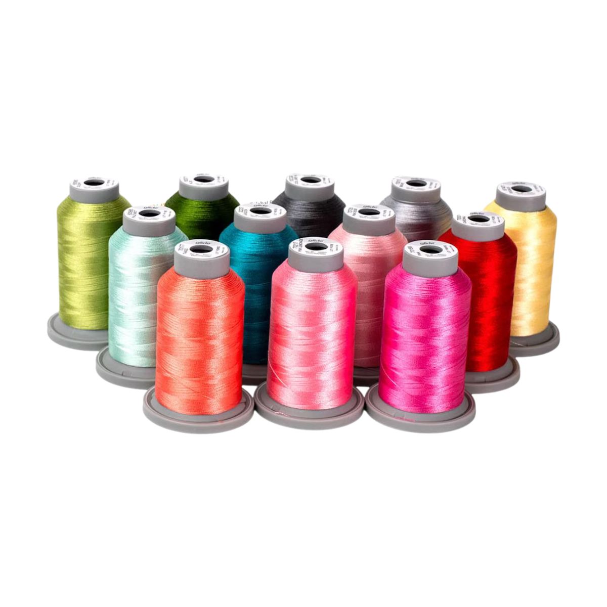The Kimberbell Sweetheart Street Glide Thread Bundle features 12 vibrant spools—green, blue, pink, red, yellow, orange, and gray—ideal for machine embroidery and arranged in two rows on a white background.