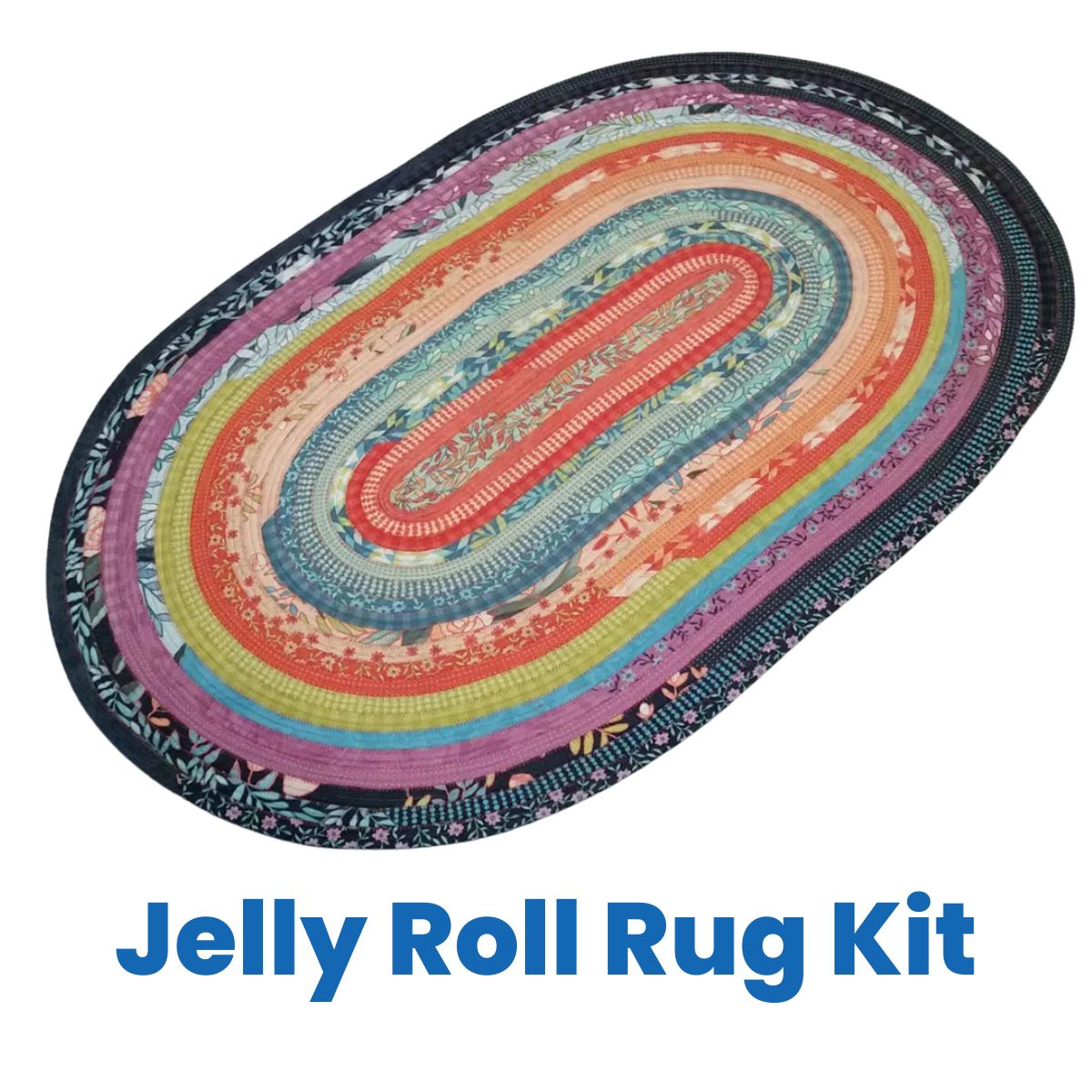 An oval, multicolored braided rug with vibrant patterns lies on a white background. Below, bold blue text reads "Jelly Roll Rug Kit" by Quilted Joy—ideal for anyone wanting to craft their own Jelly Roll Rug pattern.