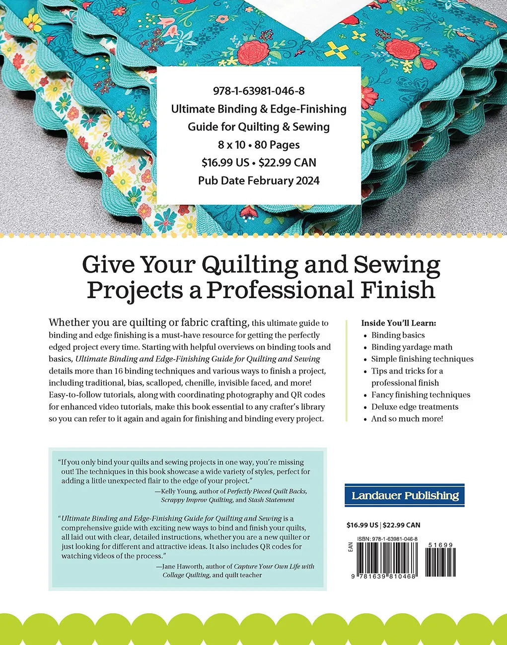Back cover of "Ultimate Binding and Edge-Finishing Guide for Quilting and Sewing," showing a vibrant blue floral quilt at the top, book details, a summary of binding methods inside, and a barcode in the bottom right corner.