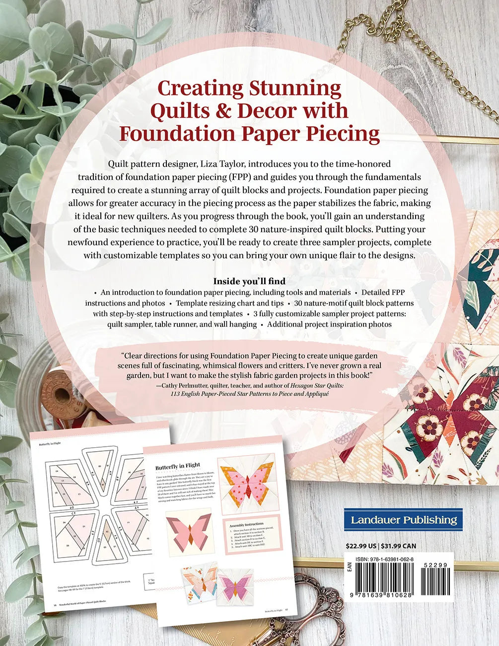 Back cover of Wonderful World of Paper-Pieced Quilt Blocks, featuring patchwork quilting projects, foundation paper pieced blocks, a sampler quilt, butterfly block designs, and a gold chain accent.