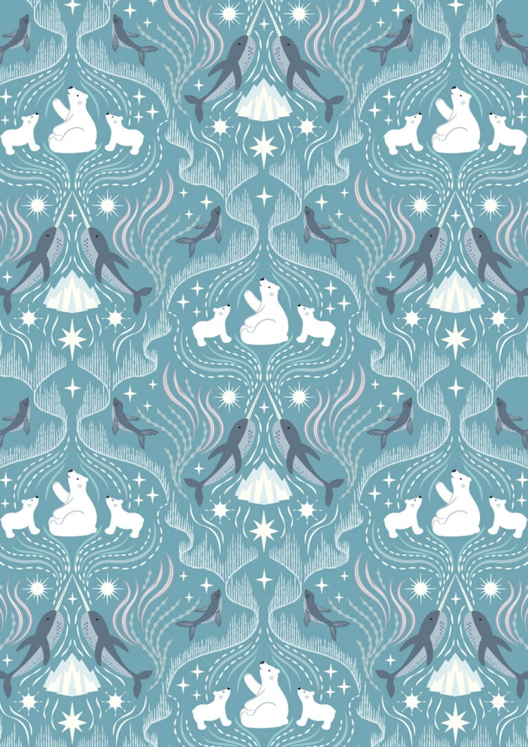 Where the Sky Dances North Blue Polar Bears Fabric Yardage - quilt fabric for sewing and quilting projects