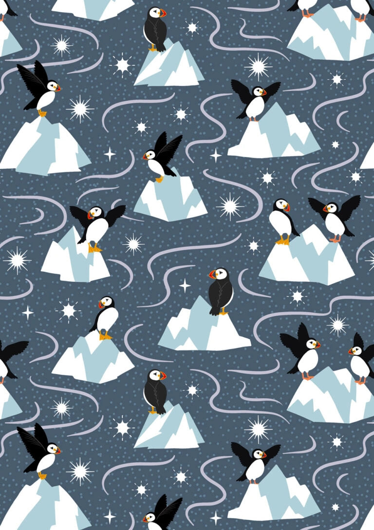 Where the Sky Dances Dark Blue Puffins Fabric Yardage - quilt fabric for sewing and quilting projects