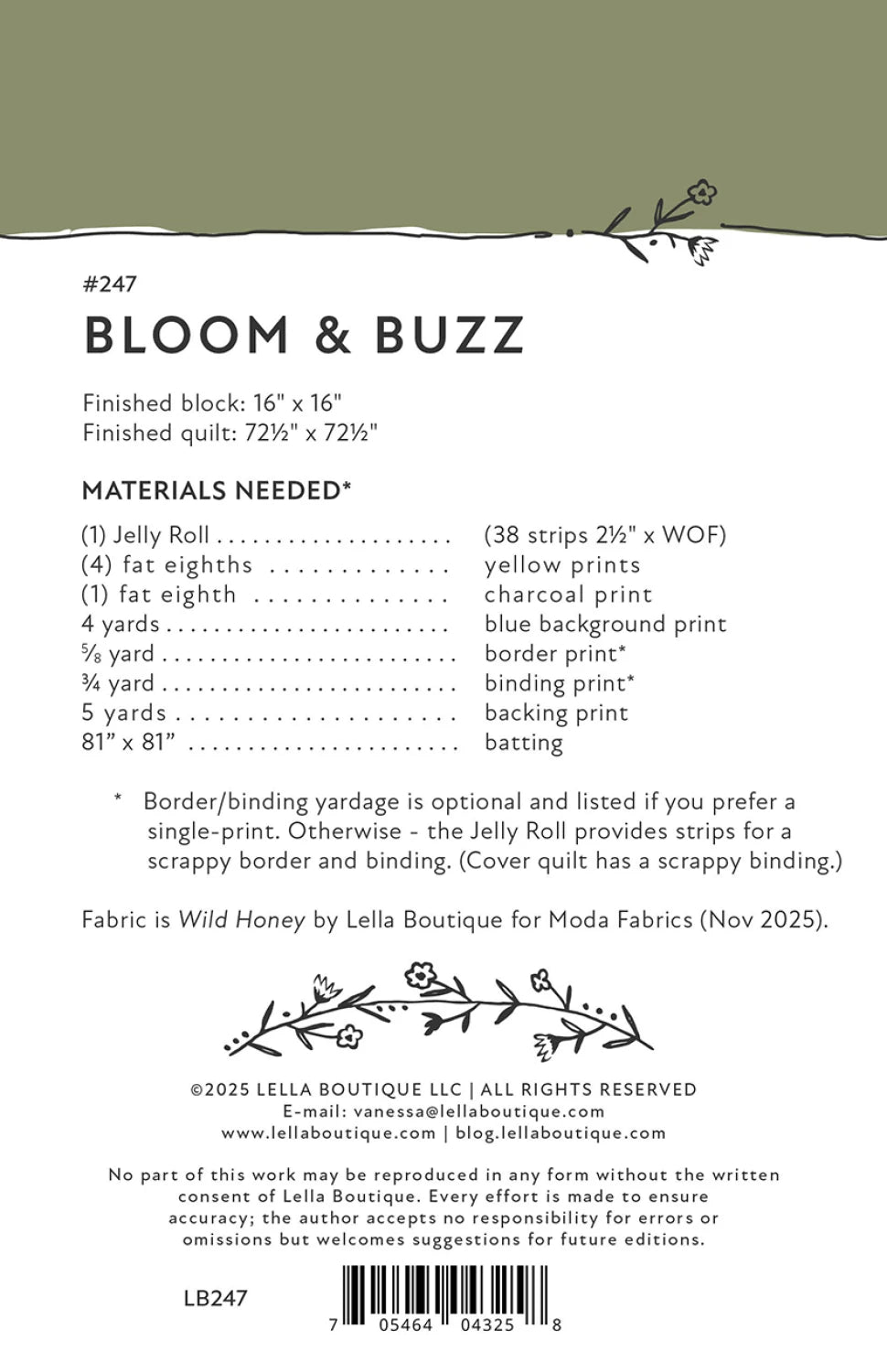 Bloom & Buzz Quilt Pattern instructions list fabric requirements, border and binding yardage notes, and copyright info—all on a white background with black text.