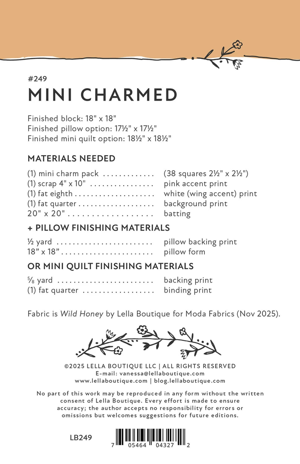 The Mini Charmed Quilt Pattern includes instructions, material list (mini charm pack), finishing options, size details, contact info, and features decorative floral accents at the top.