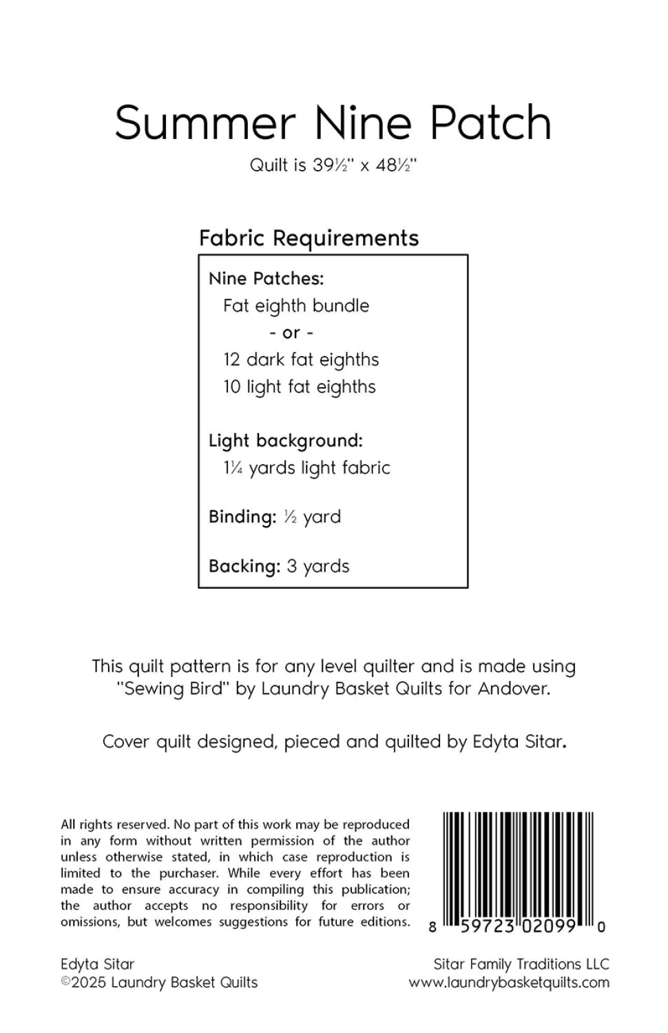 The back cover of the Summer Nine Patch Quilt Pattern lists fabric requirements, finishing size 39.5" x 48.5", and copyright by Laundry Basket Quilts. Ideal for beginners, it’s a perfect introduction to the classic nine patch style by Edyta Sitar.