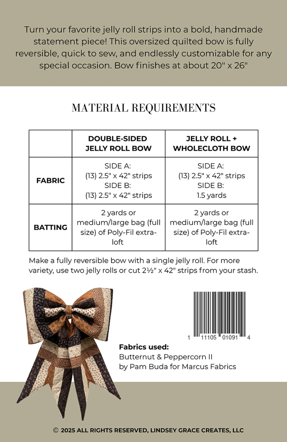 The Big Giant Quilted Jelly Roll Bow by Checker Distributor includes an instructional guide and supply chart for double- and single-sided bows, plus a finished brown, black, and cream bow with button center. Ideal for beginner quilters.