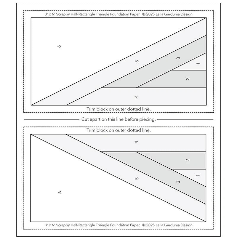 The Scrappy Half-Rectangle Triangle Foundation Paper includes two rectangular templates, each split into five labeled sections by diagonal lines, with trimming and cutting instructions printed above and between the templates.