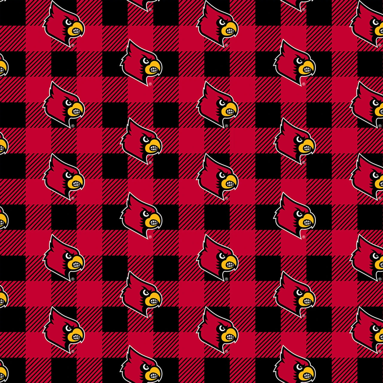 The University of Louisville Buffalo Plaid Fleece Fabric features a red and black plaid pattern with evenly spaced cartoon cardinal head logos, yellow beaks, and fierce expressions—ideal for Cardinals fans.