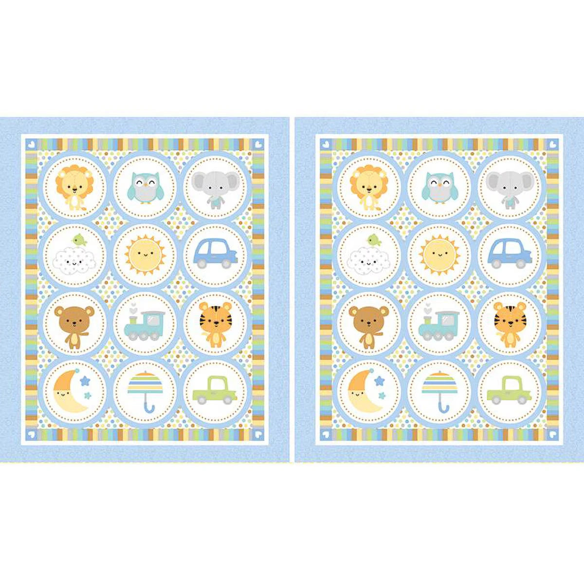 The Riley Blake Special Delivery Double Lush Velvet Set includes two 36" panels with a grid of circles featuring charming animals, suns, moons, cars, and trains on pastel stripes—ideal for cozy nursery décor or crafts.