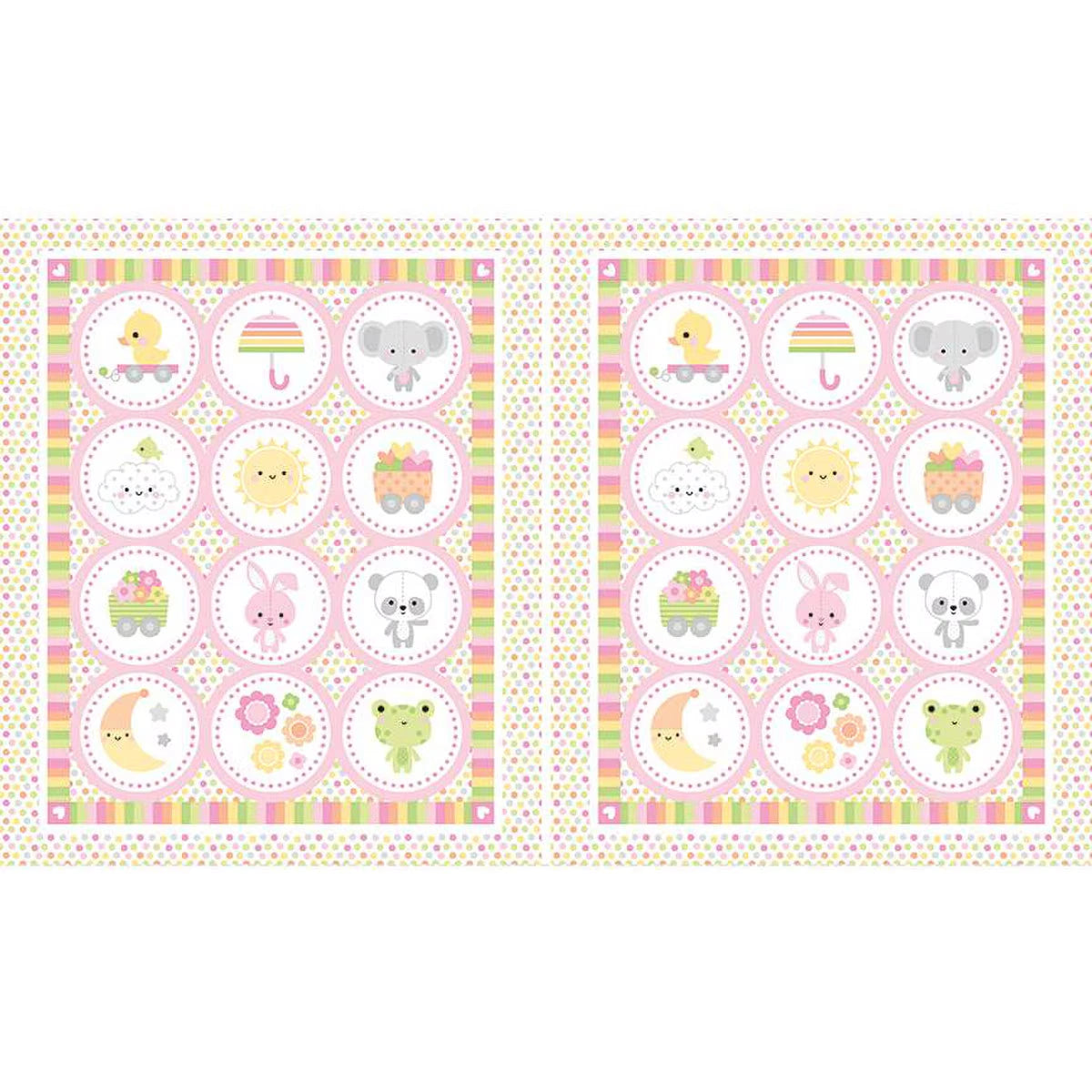 The Riley Blake Bundle of Joy Double Lush Velvet Set includes two 36" panels with pastel polka-dot and stripe borders, featuring cute animals and objects on white—perfect for your little one's nursery.