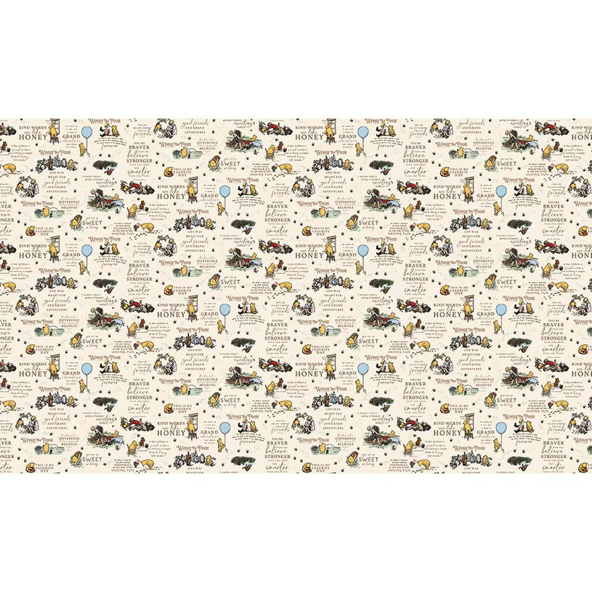 The 58" Winnie the Pooh Double Lush Velvet Fabric by Riley Blake features a whimsical repeating pattern of Pooh characters, honey pots, balloons, and playful quotes on light beige. Perfect for nostalgic and cozy projects.