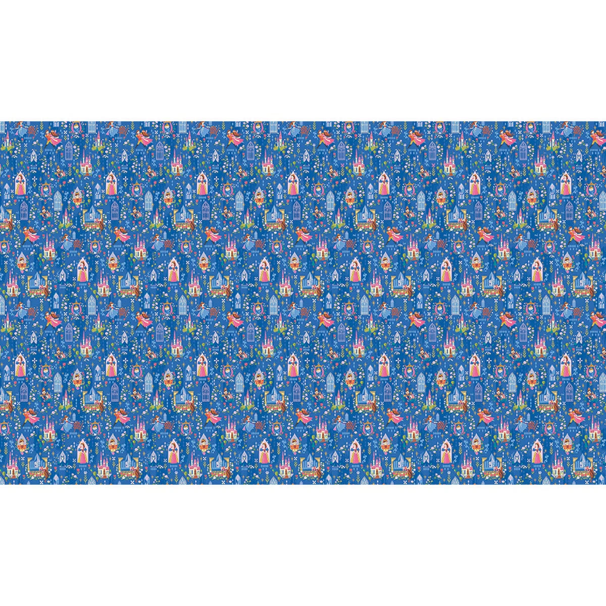Featuring a colorful, whimsical pattern of castles, princesses, dragons, hearts, and stars on blue, the 58" Sleeping Beauty Double Lush Velvet Fabric by Riley Blake is perfect for plush projects with a playful fairytale theme.