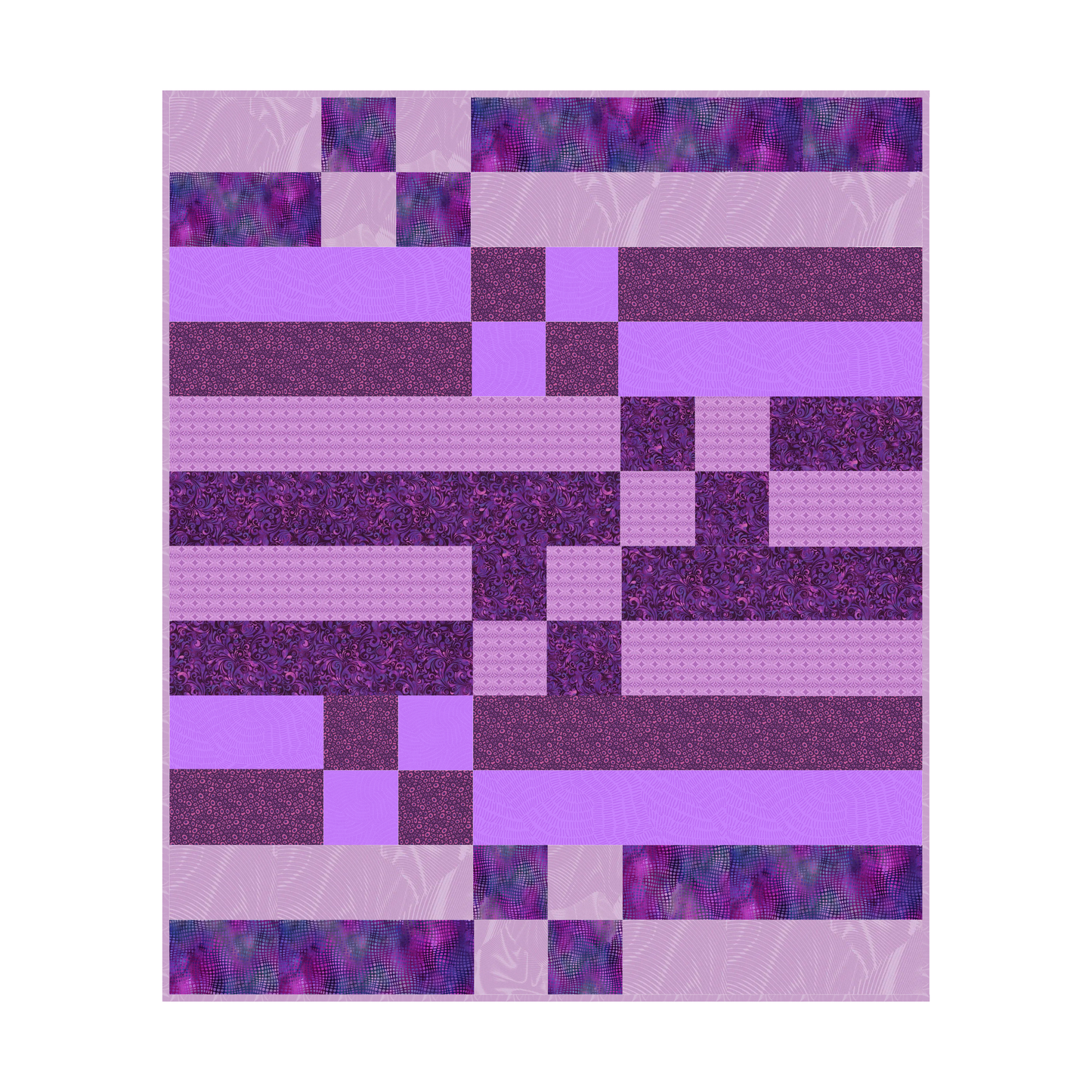 The Quilted Joy Lavender Lattice Quilt Kit features alternating purple and lavender blocks with geometric and floral patterns, creating a beautiful lattice quilt effect.