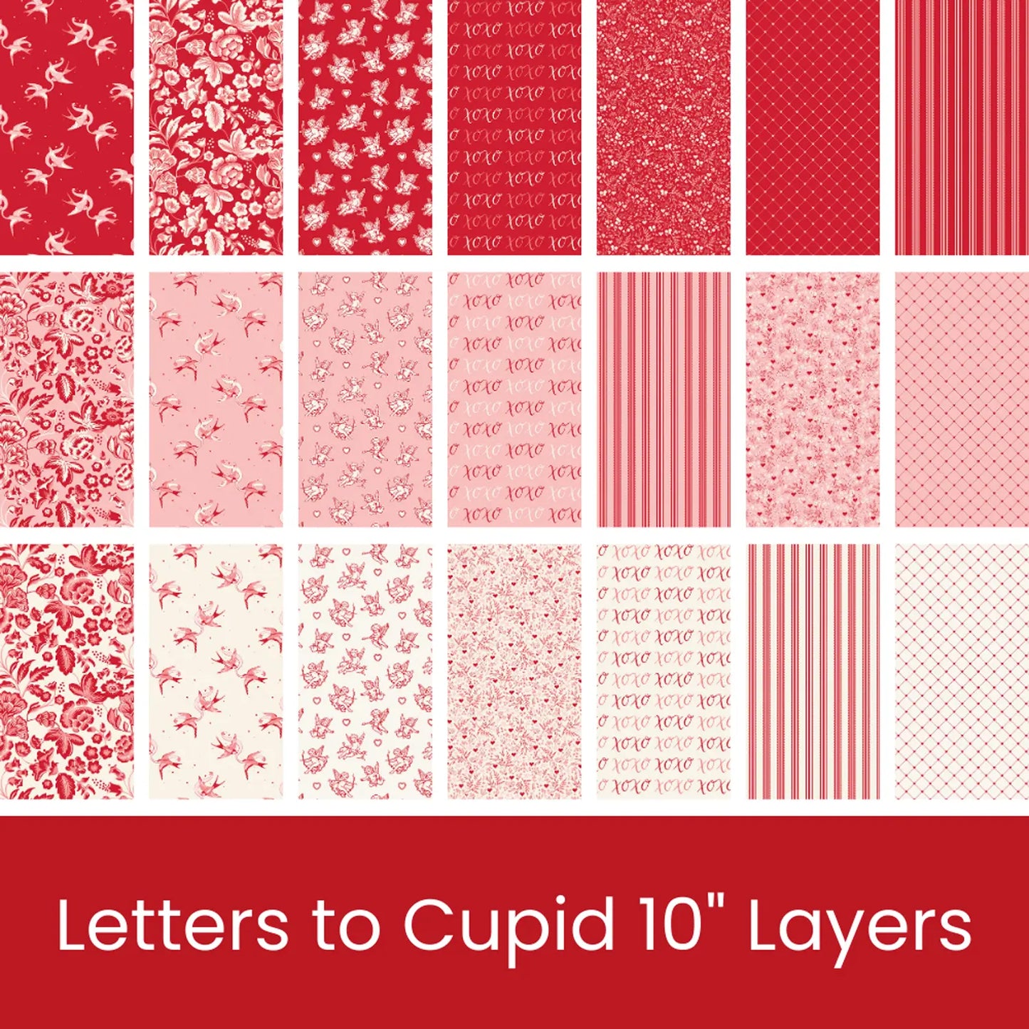 Set of twenty pink, red, and white patterned 10" fabric squares from the Letters to Cupid collection by Riley Blake, featuring floral, heart, and script designs. Displayed in four rows. Text below: Letters to Cupid 10" Stacker.