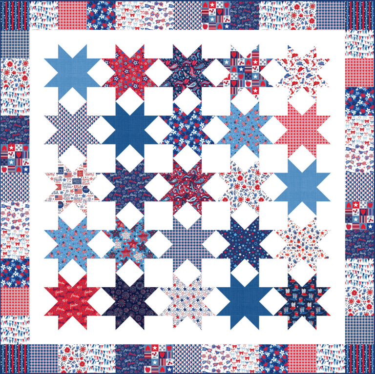 The Liberty Stars Quilt Kit by Quilted Joy features Americana style with red, white, and blue star patterns in rows, bordered by patchwork squares using patriotic prints and fabrics for a classic look.