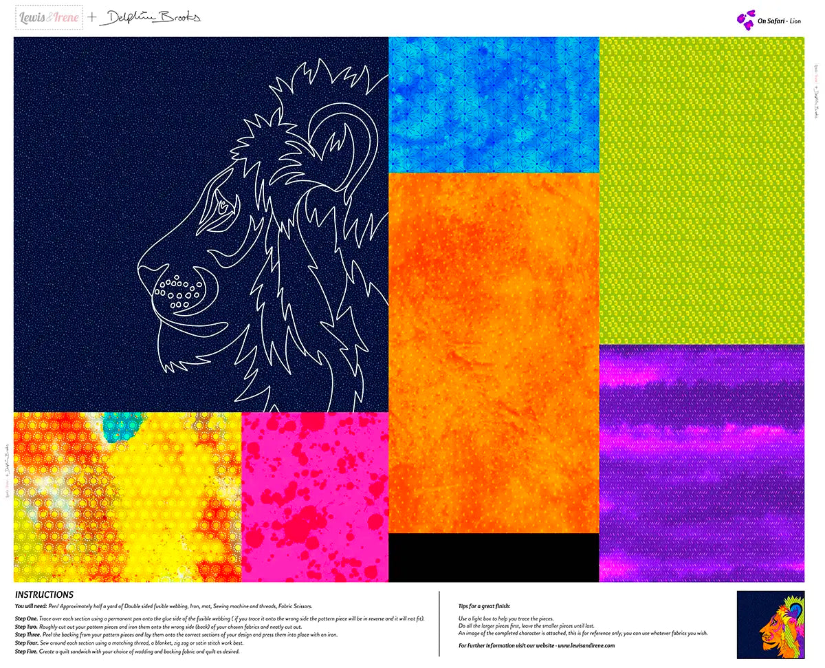 The On Safari Lion Collage Panel by Delphine Brooks for Lewis & Irene features a white lion head on dark blue, surrounded by vibrant patterned rectangles in yellow, orange, pink, purple, teal, and green. Instructions are included at the bottom.