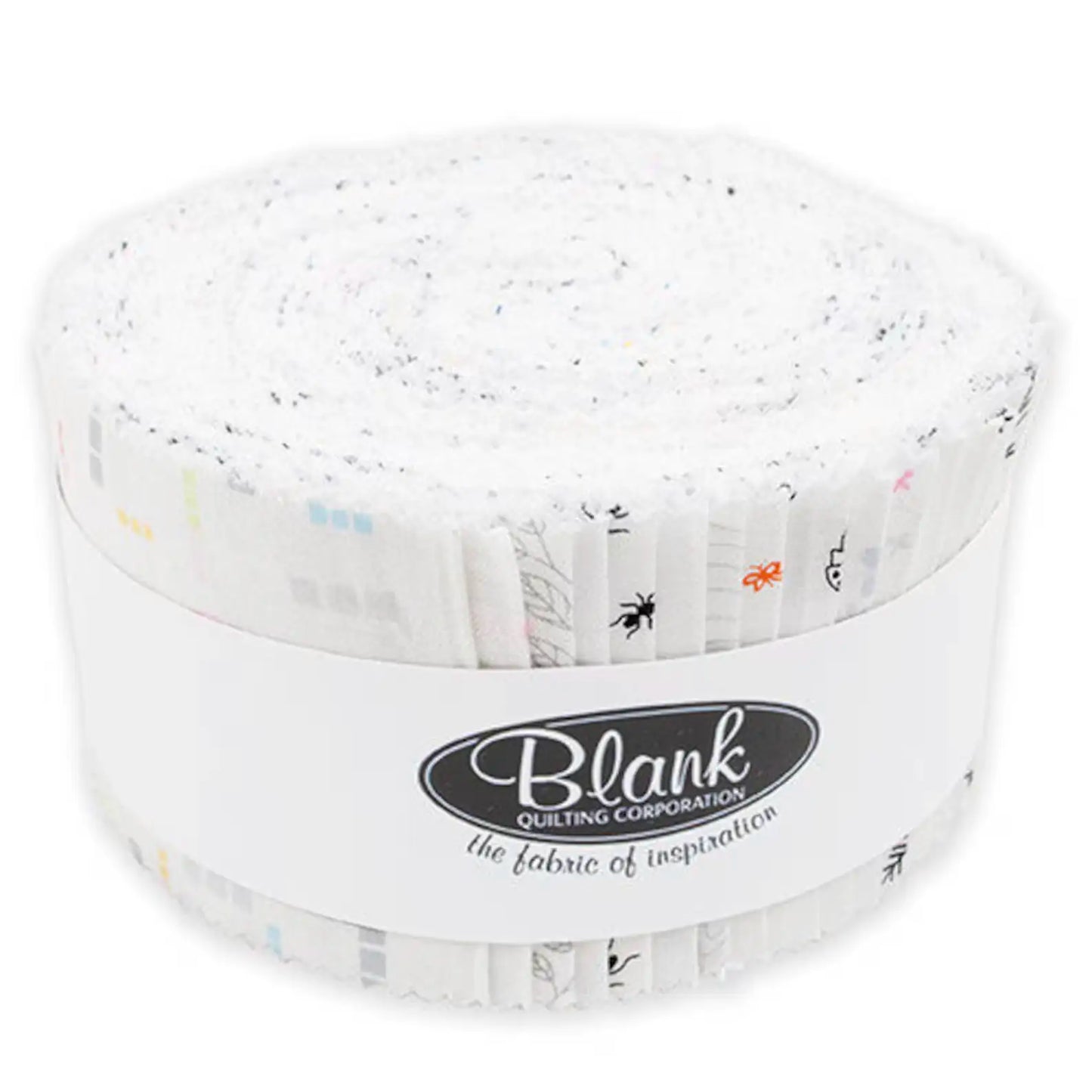 A rolled bundle of patterned white fabric labeled "Blank Quilting Corporation" features Lower the Volume 2 1/2" Strips, perfect for adding subtle style to your quilt projects. Neutral background highlights its versatile design.