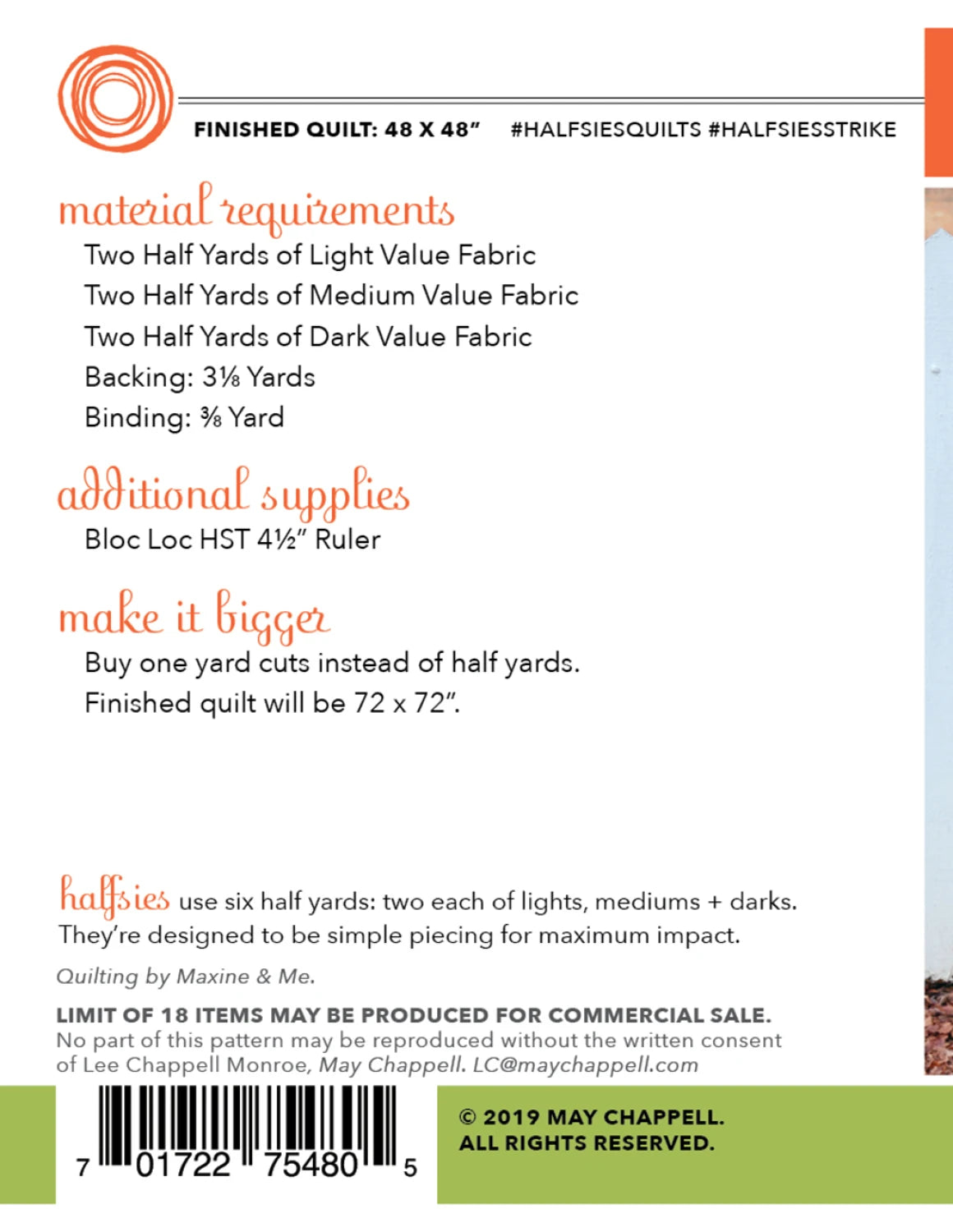 The Halfsies Strike Quilt Pattern by Checker Distributor features material requirements, beginner tips, directions to enlarge a half yard quilt, barcode, copyright notice, contact info, and a light background with colored text.