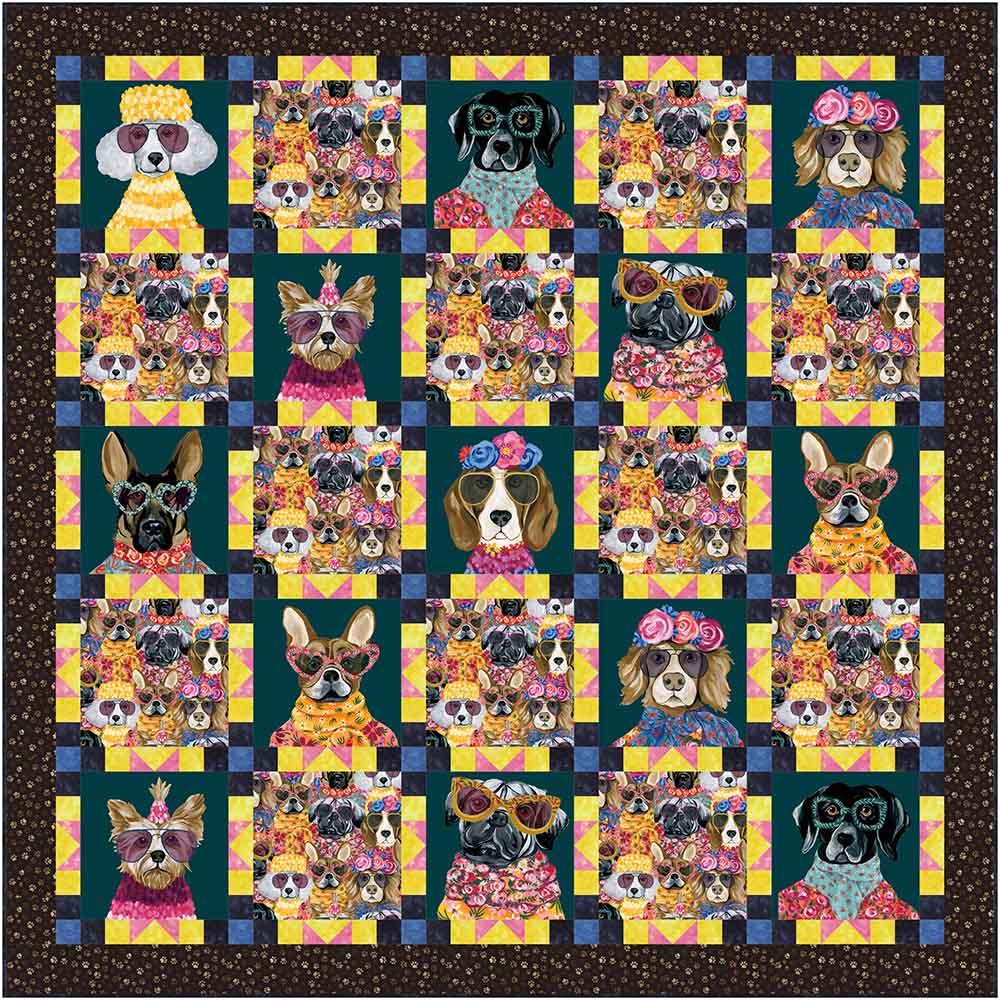 The Made with Love Quilt Kit - PRESALE by Quilted Joy features illustrated dogs in glasses, hats, and floral crowns on vibrant geometric squares, finished with a black and white dotted border—perfect for dog lovers!.