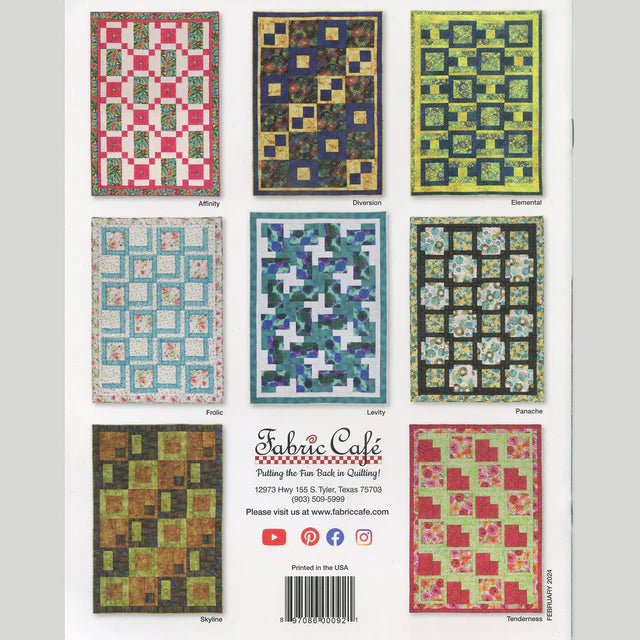 The book "Make It Easy with 3-Yard Quilts" features eight quilt designs in two columns of four, each with unique patterns and colors—ideal for beginners or strip-piecing. Patterns include Affinity, Frolic, Skyline, and more.