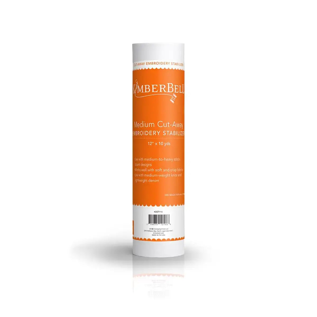 A roll of Kimberbell Medium Cut-Away Embroidery Stabilizer, 12" x 10yds, with orange and white packaging stands upright on a white background.