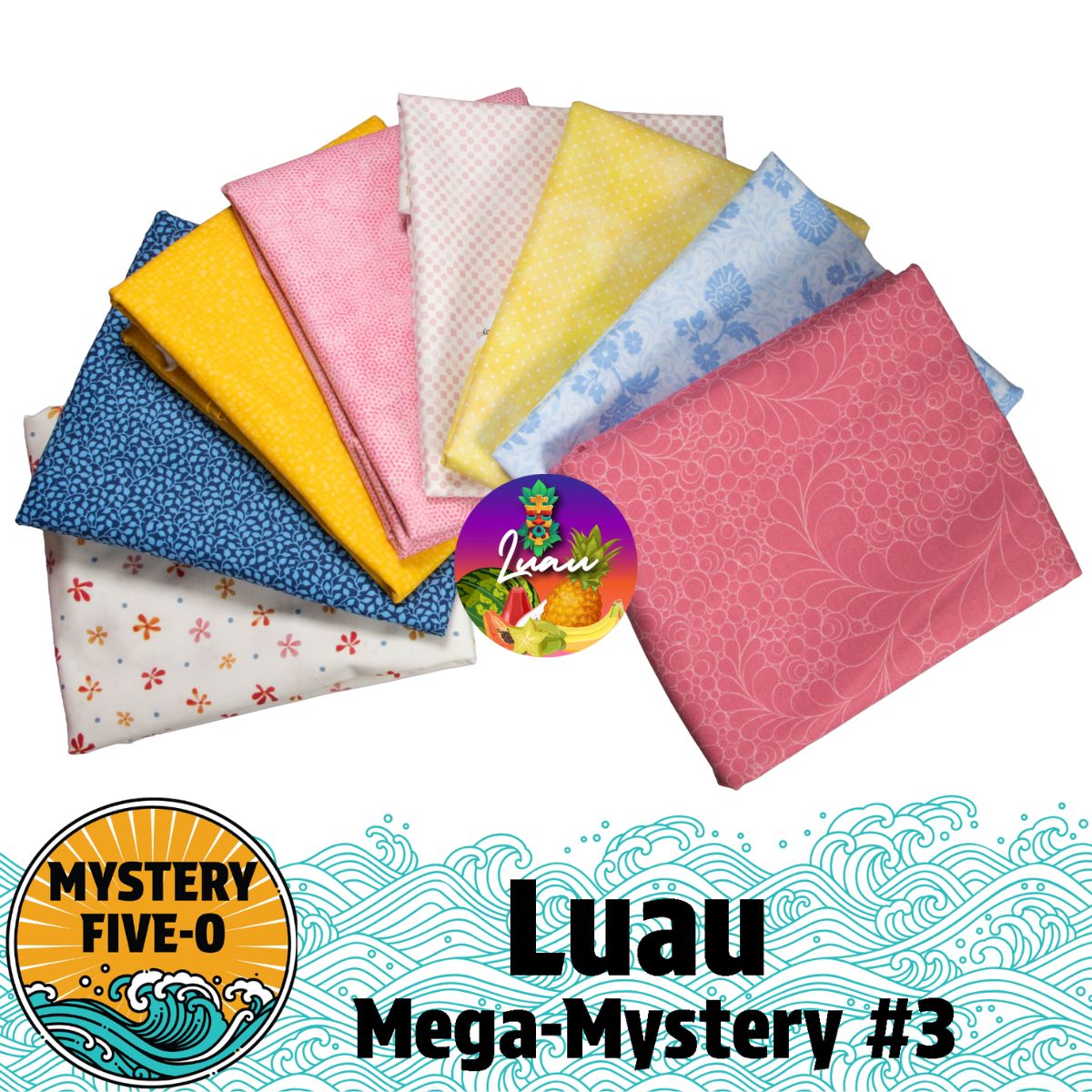 A fan-shaped array of vibrant fabric squares in pinks, yellows, blues, and florals showcases the Quilted Joy Mystery Five-0 Mega Mystery Luau Golden Flowers quilt kit with tropical wave accents.
