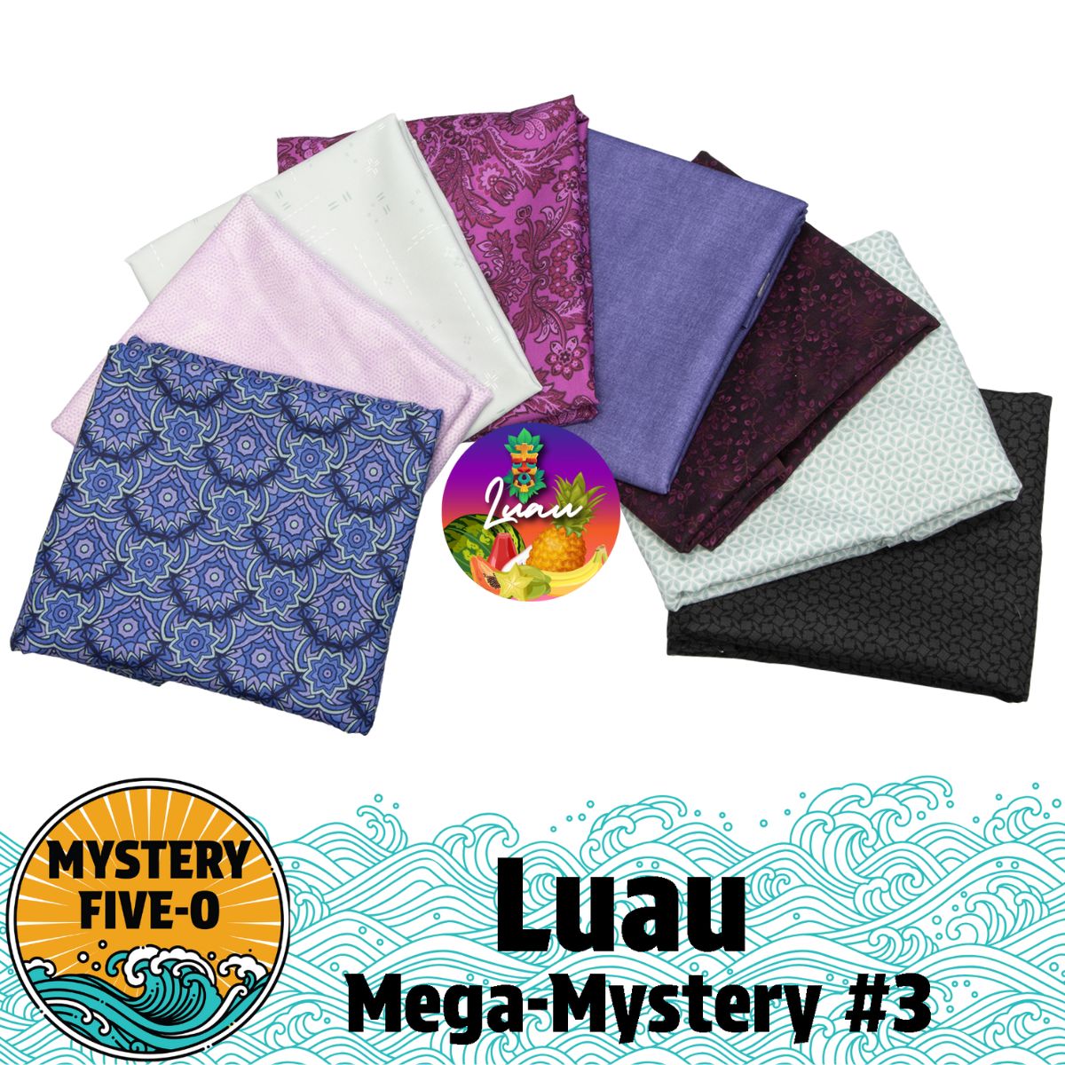 Eight folded fabric squares in vibrant patterns form a fan around the Quilted Joy logo. Below, text reads: Mystery Five-0 Mega Mystery Luau Violet Orchards—perfect for your next mystery quilt kit adventure!.